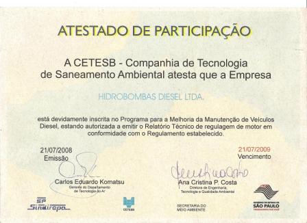 Certificado Cetesb - Hidrobombas Diesel Ltda